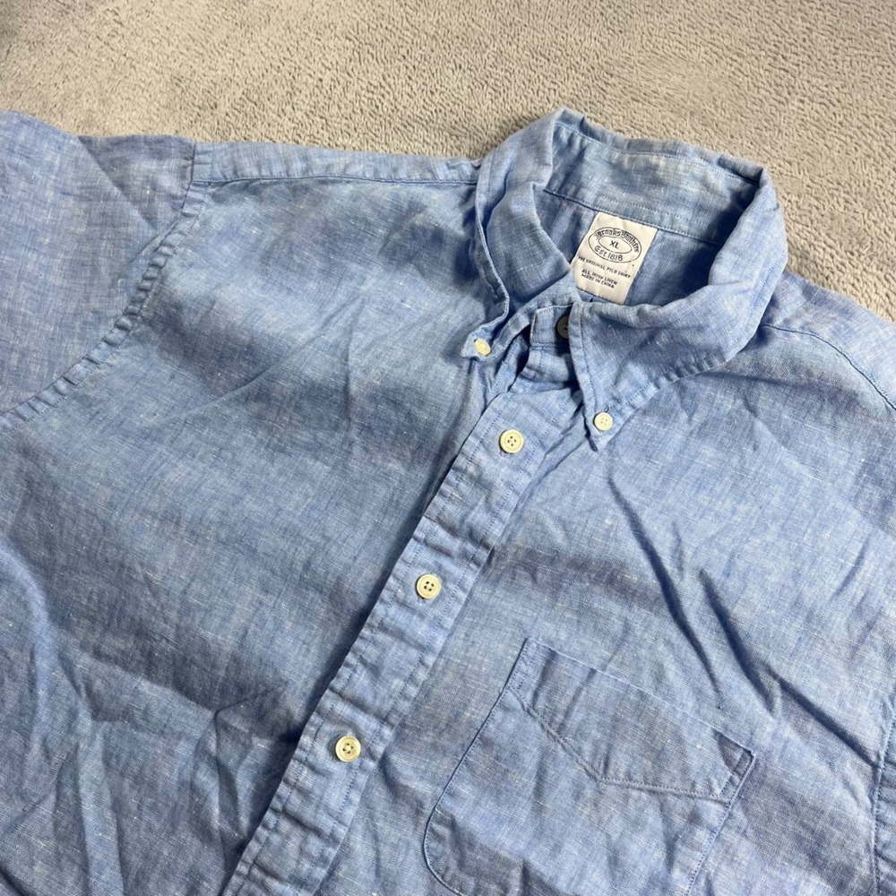 Brooks Brothers Mens XL Irish Linen Short Sleeve Button Down Shirt Blue